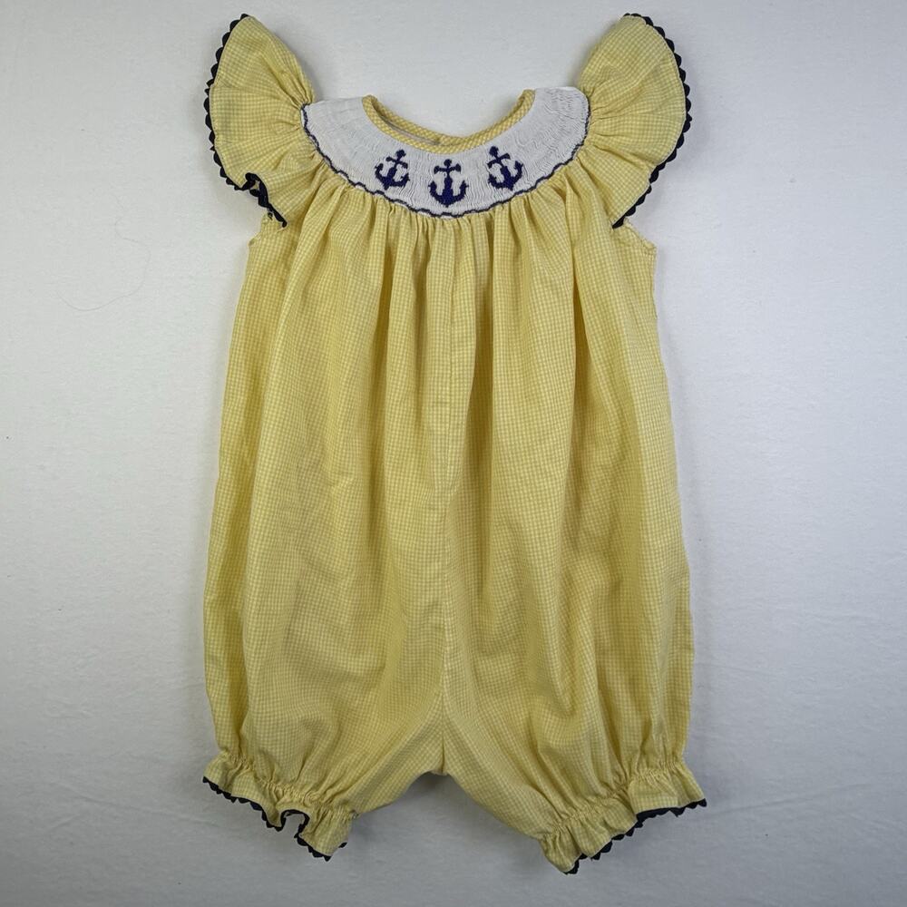 Mom & Me Smocked Anchor Bubble Romper Yellow Gingham Navy Trim 18M